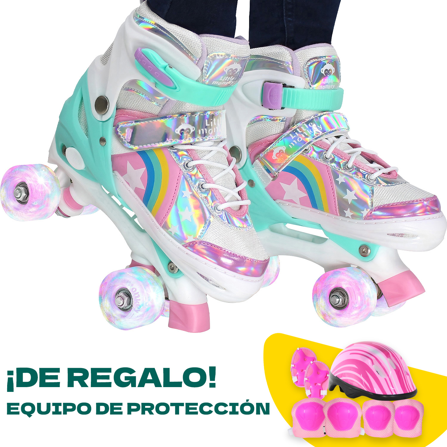 Patines 4 Ruedas Talla Ajustable Niño Niña Luz Led Mediano + Regalo