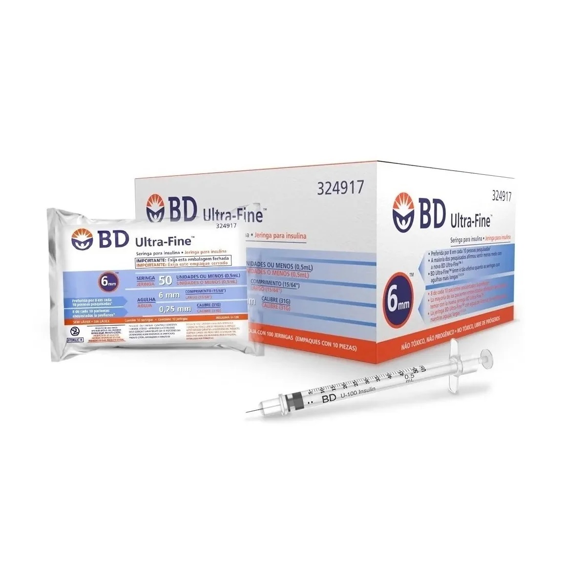 BD Ultra Fine 6mm x 31G 50 Ui Jeringa Para Insulina 0.5ml - 100 pz