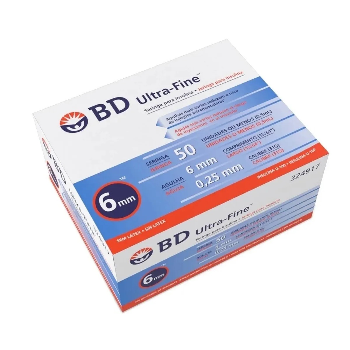 BD Ultra Fine 6mm x 31G 50 Ui Jeringa Para Insulina 0.5ml - 100 pz