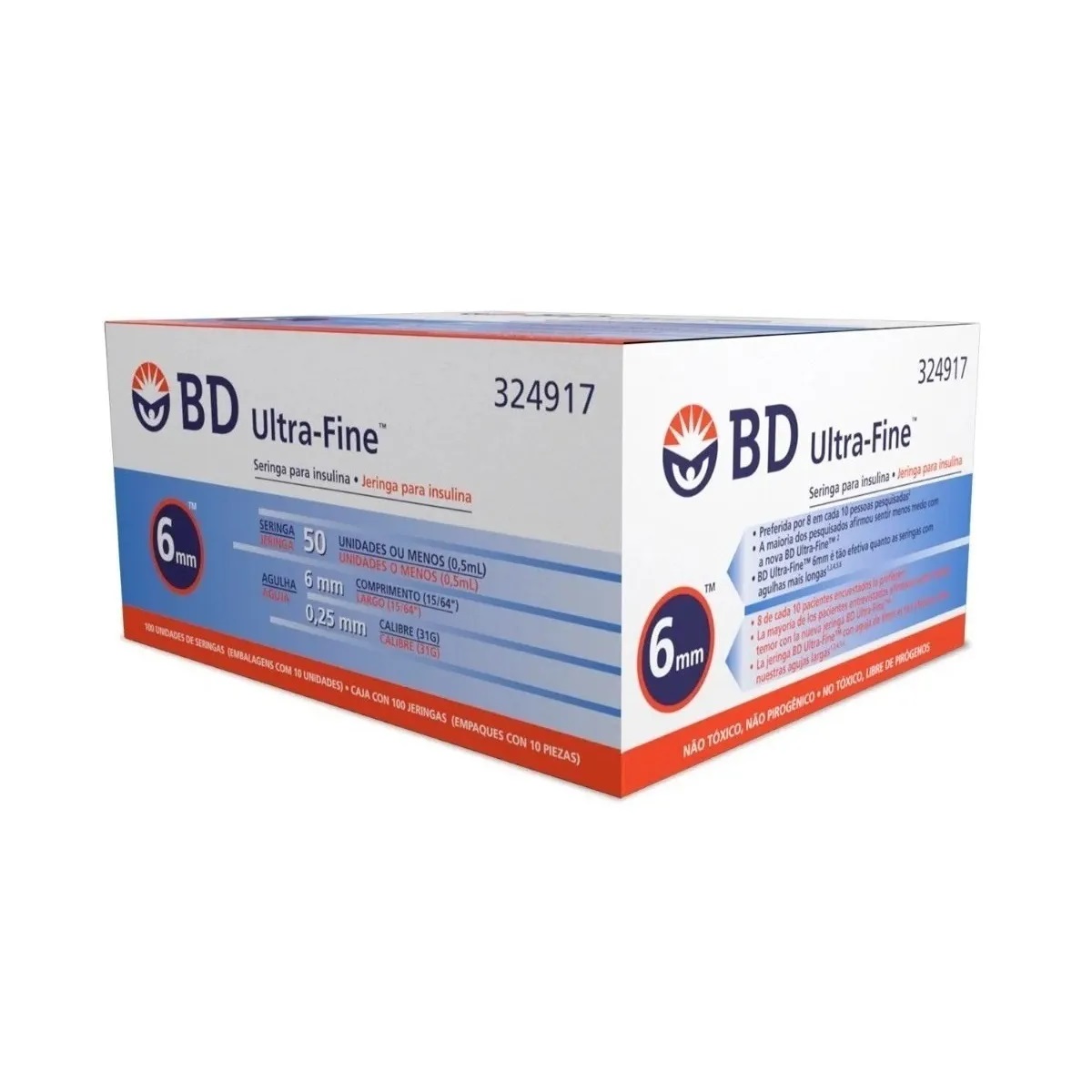 BD Ultra Fine 6mm x 31G 50 Ui Jeringa Para Insulina 0.5ml - 100 pz