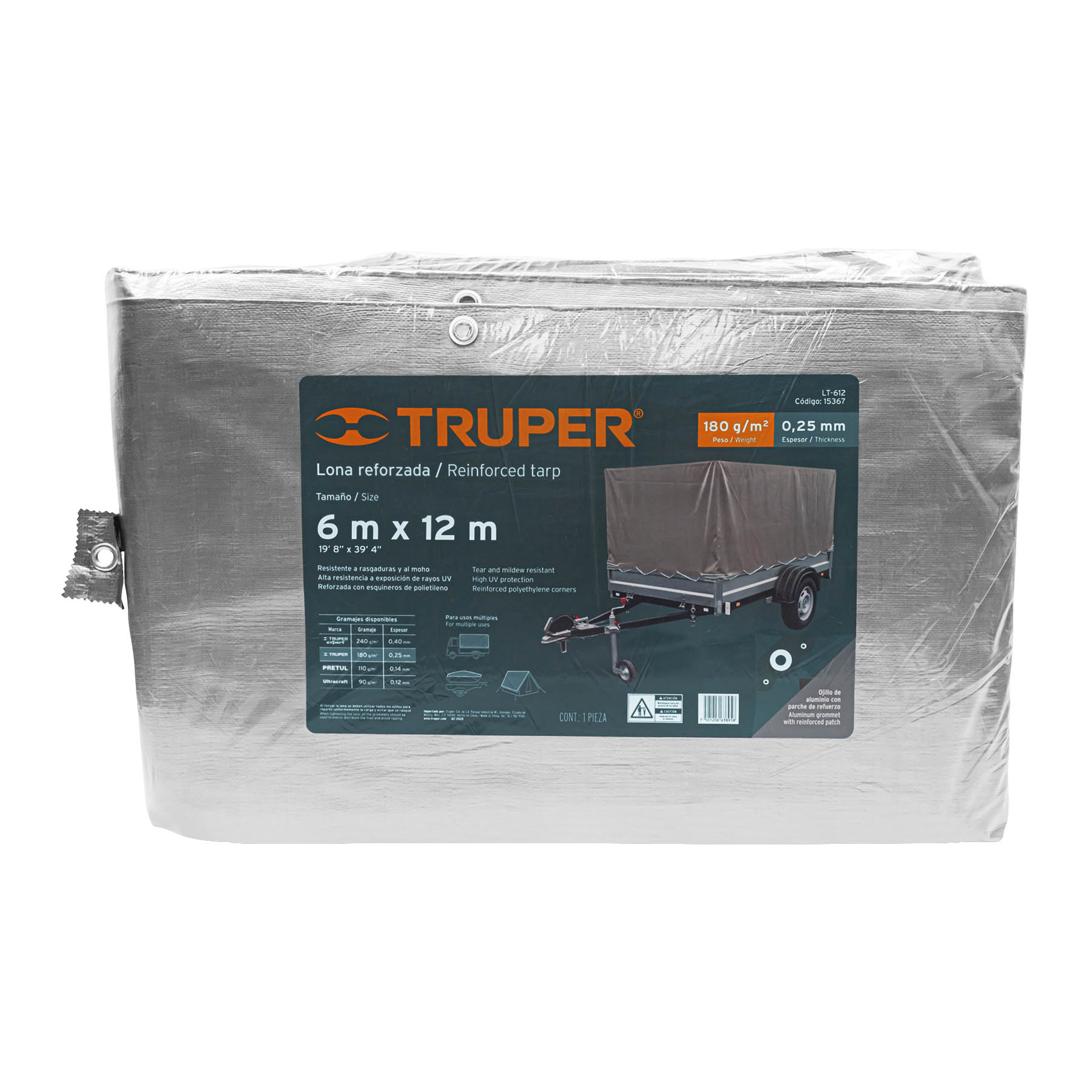 Lona gris reforzada 6 x 12 m para jardines grandes y eventos.