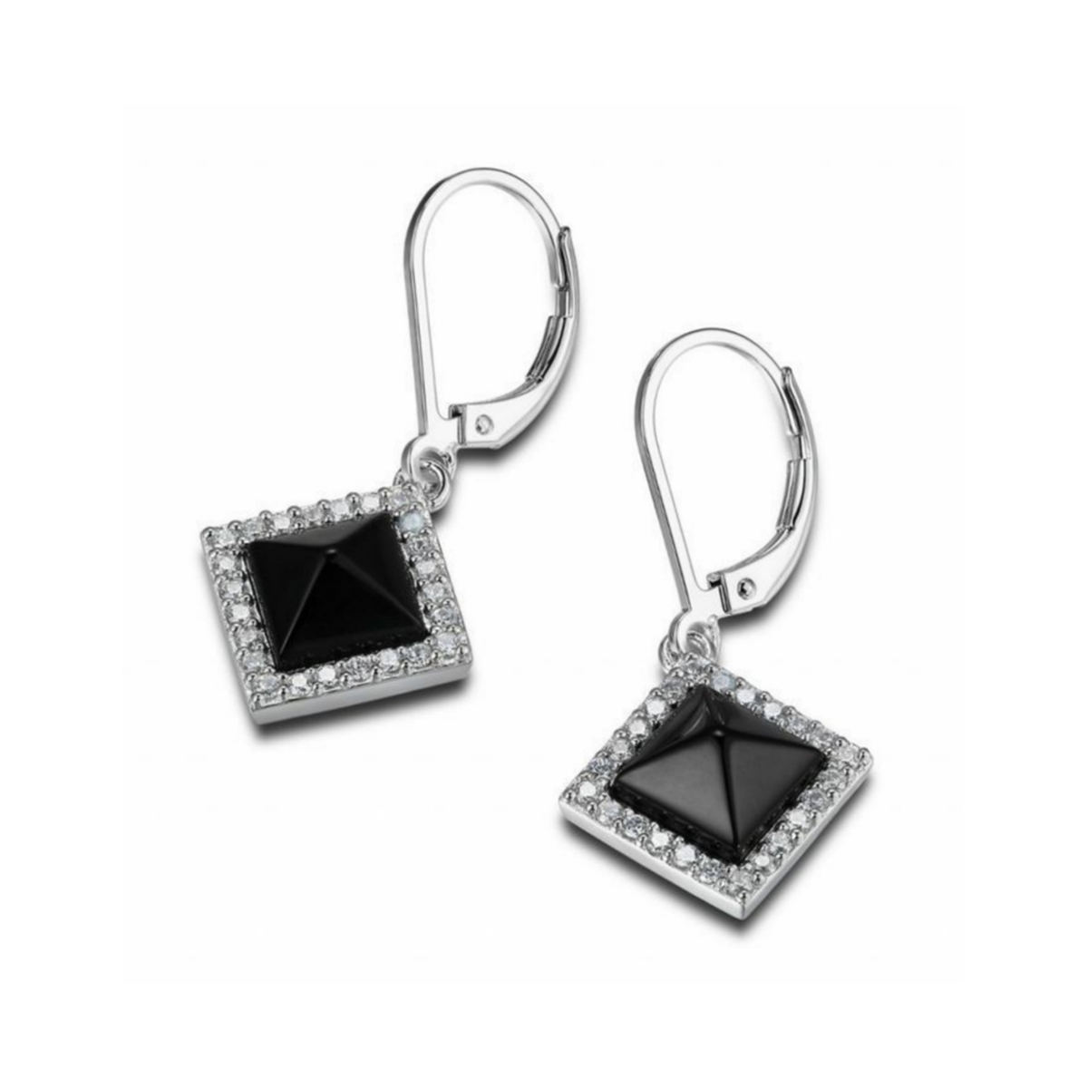 ELLE Aretes Plata de Ley 925 RODIADA (con baño de rodio) AGATA NEGRA & Zirconia Cubica, para Mujer