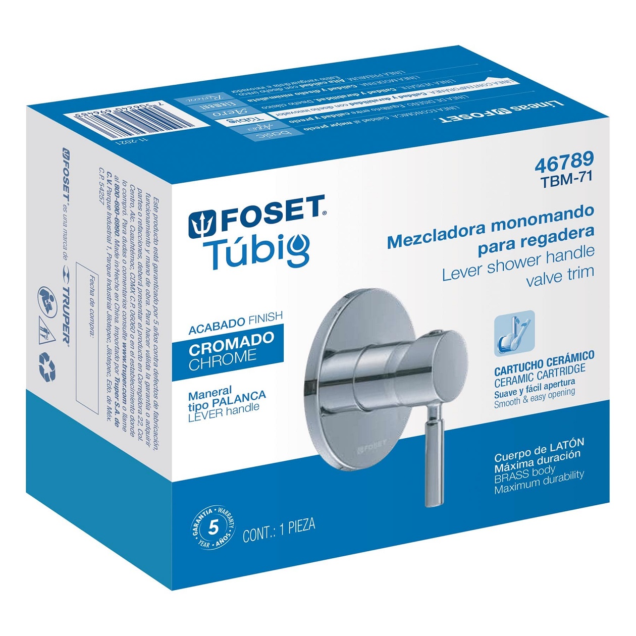 Llave Monomando Maneral Tipo Palanca Para Regadera  1/2" Cromado premium Foset 