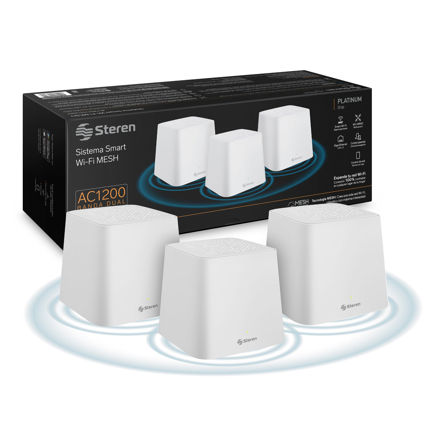 Sistema Smart Wi-Fi MESH triple, 2,4 GHz y 5 GHz (B/G/N/A/AC/V/R), 2 puertos LAN Fast Ethernet por c