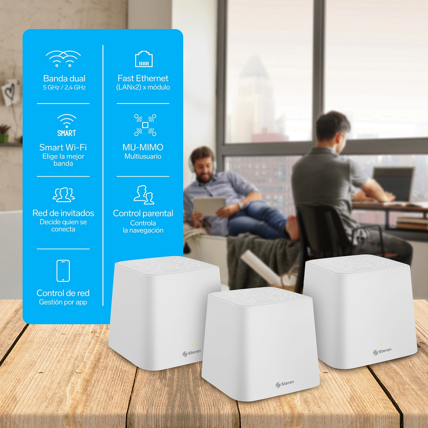 Sistema Smart Wi-Fi MESH triple, 2,4 GHz y 5 GHz (B/G/N/A/AC/V/R), 2 puertos LAN Fast Ethernet por c