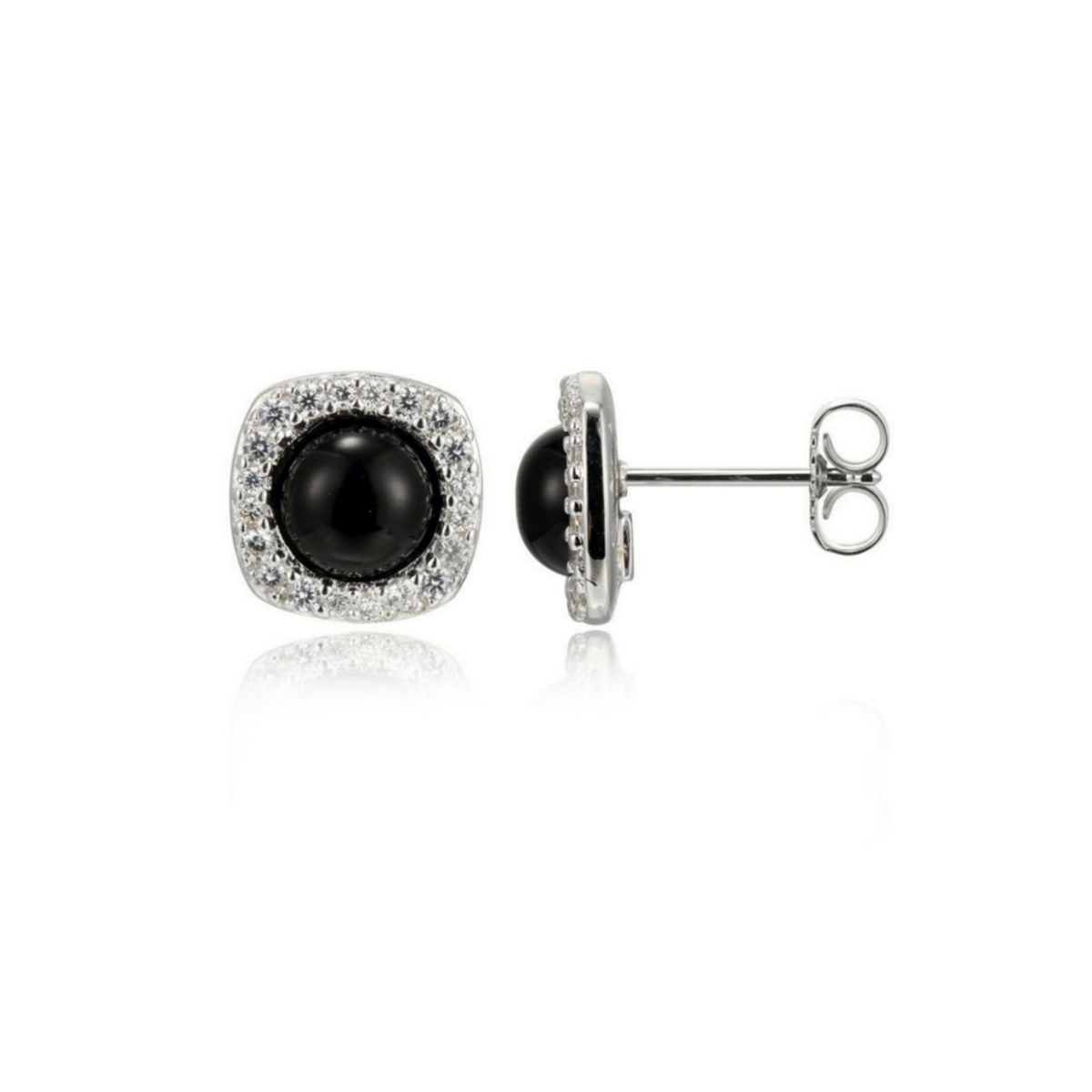 ELLE Aretes Plata de Ley 925 RODIADA ( con baño de rodio)  AGATA NEGRA  Zirconia Cubica, para Mujer