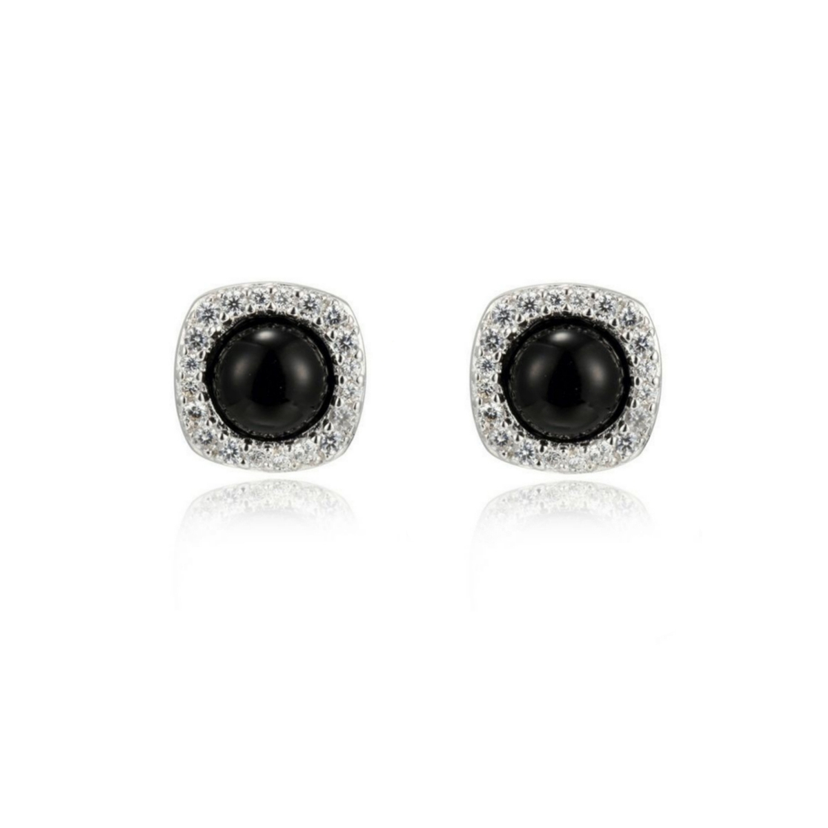 ELLE Aretes Plata de Ley 925 RODIADA ( con baño de rodio)  AGATA NEGRA  Zirconia Cubica, para Mujer