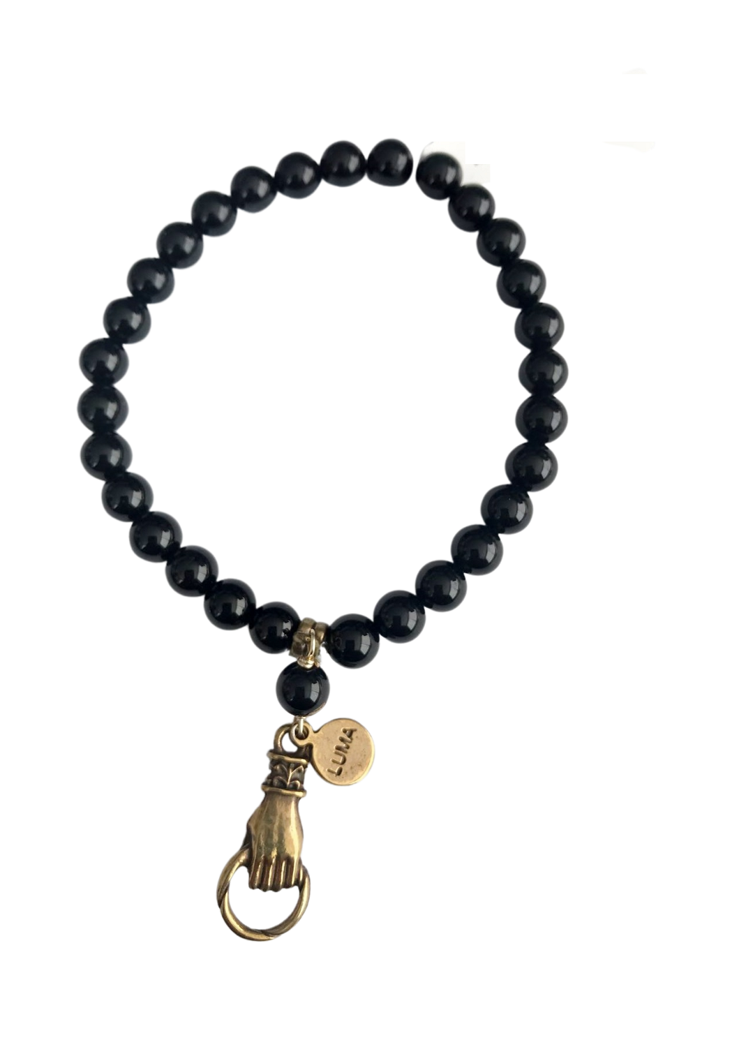 Pulsera Negra De Ágatas Con Dije Metalico De Mano Luma
