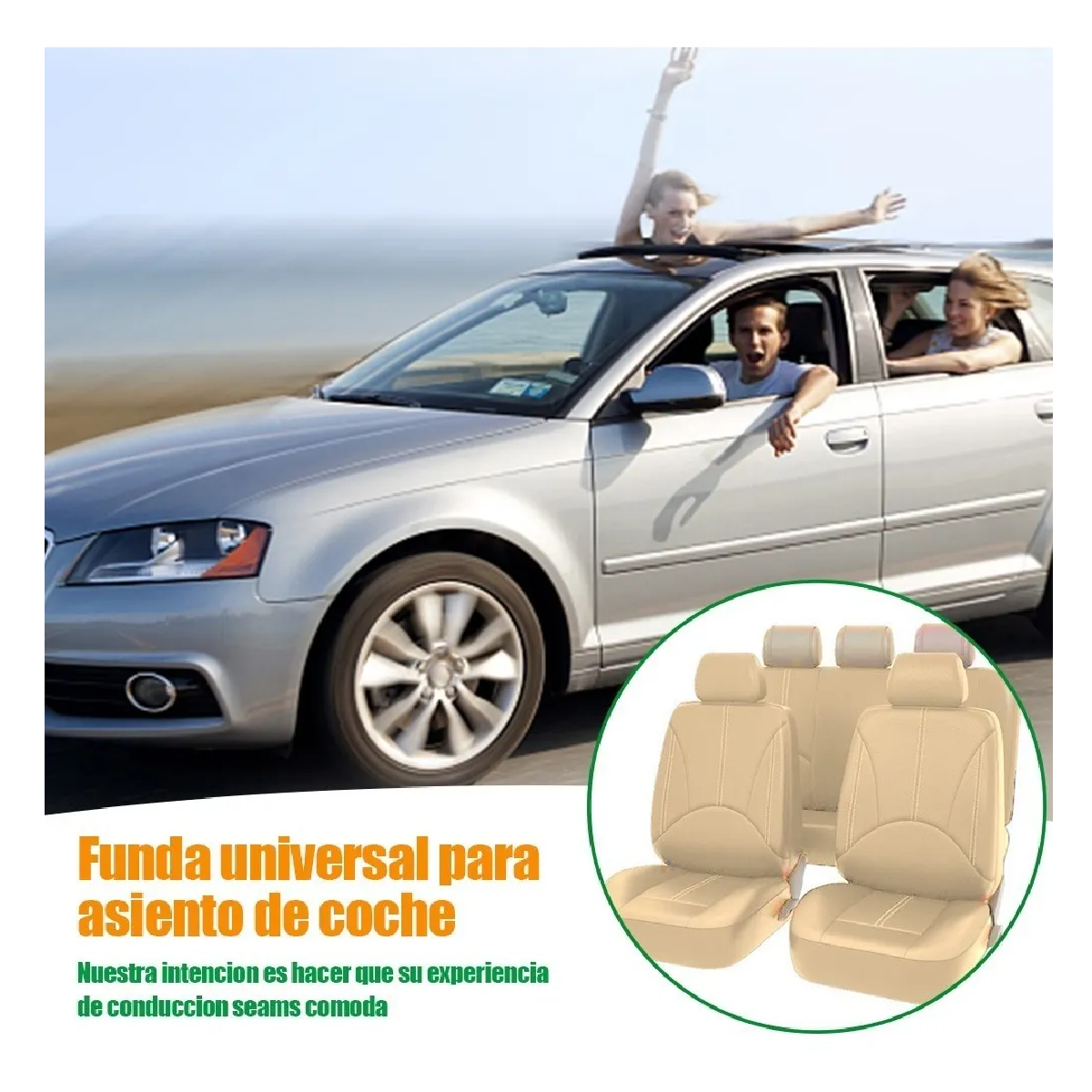 Funda De Asiento Cuero Coche Universal Para 5 Asientos 9 Pzs Beige