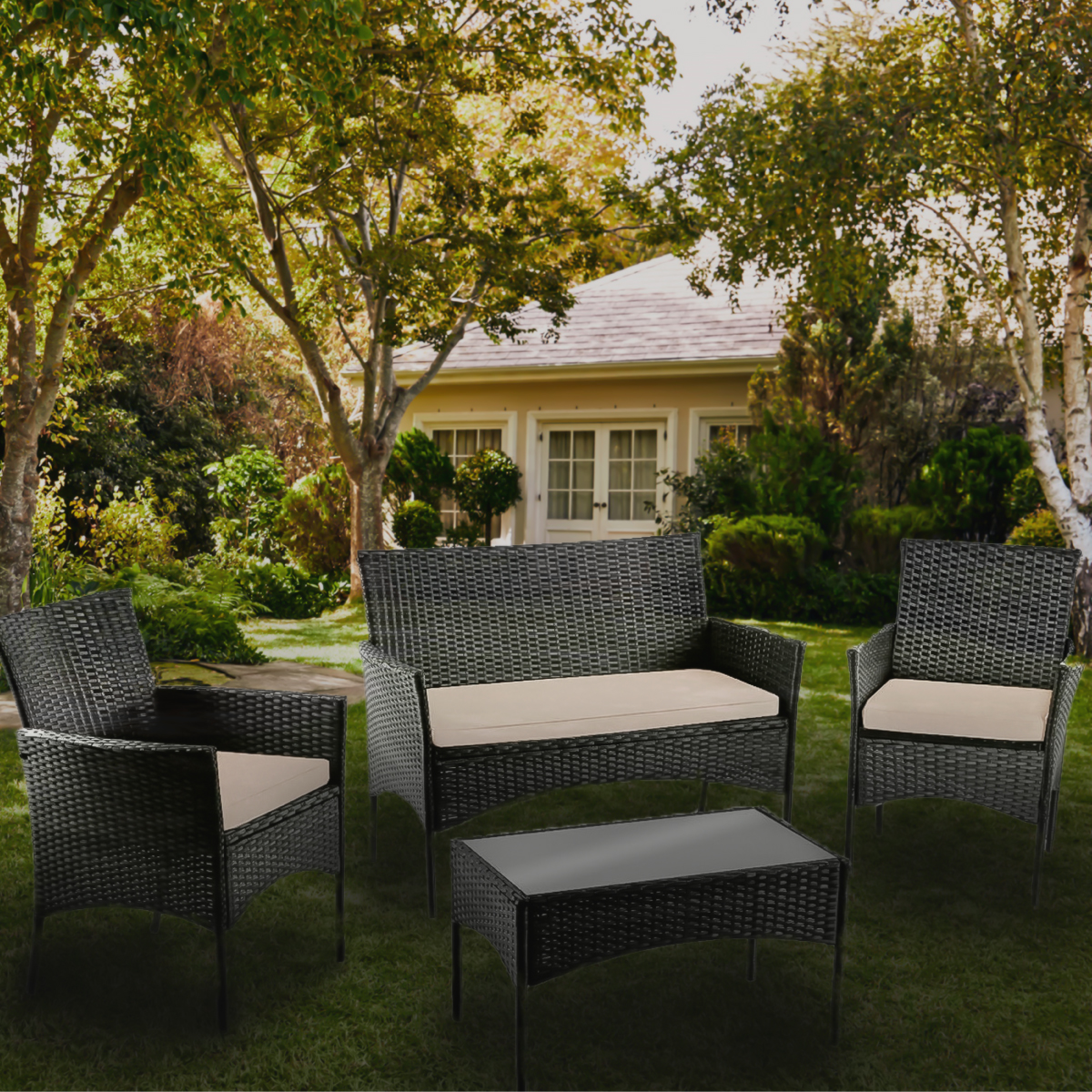 Juego de sala para jardín 3 sofas + 1 mesa mimbre sintentico y mesa de vidrio templado