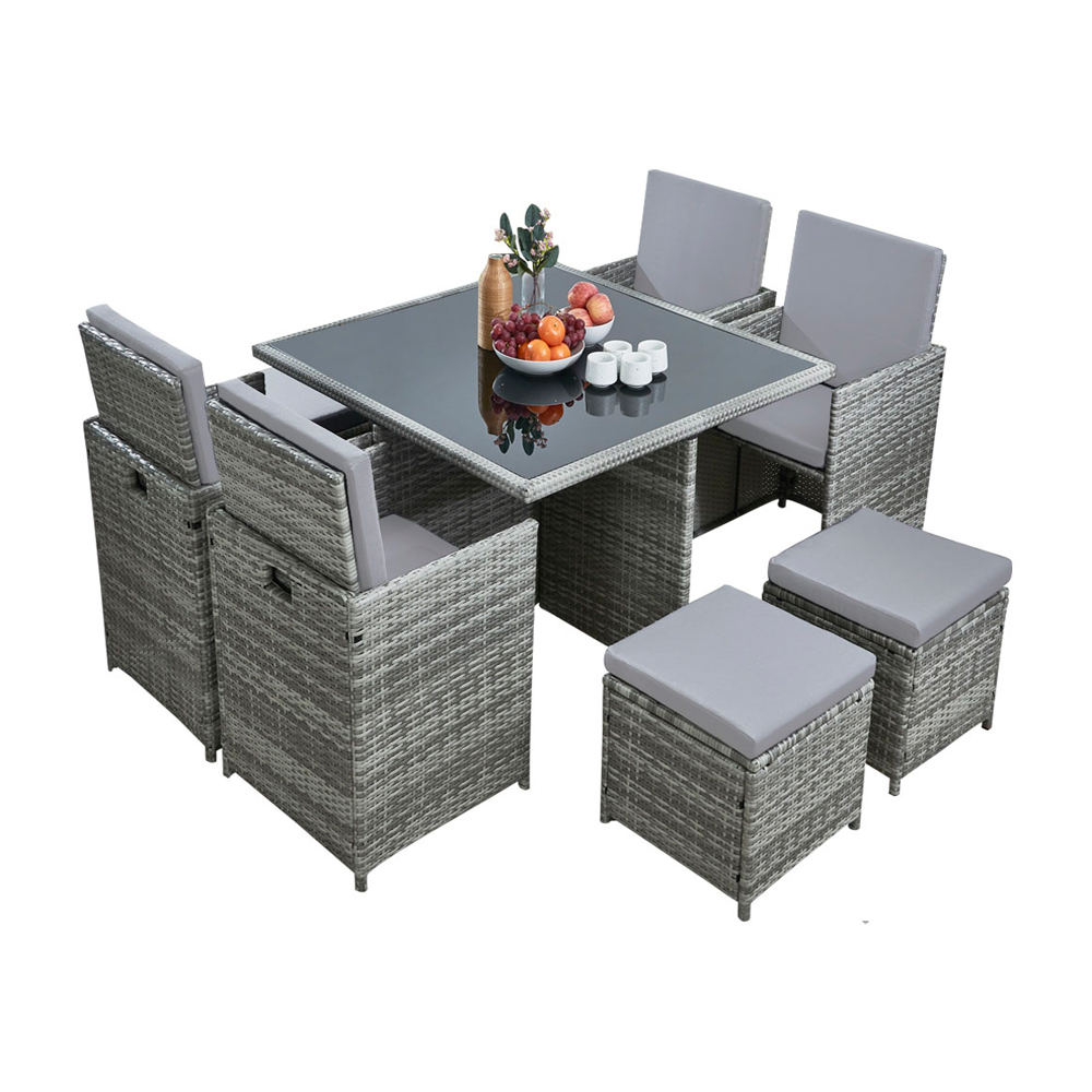 Comedor para Jardin Juego de 8 sillas de ratán acojinadas con Mesa de Vidrio Templado
