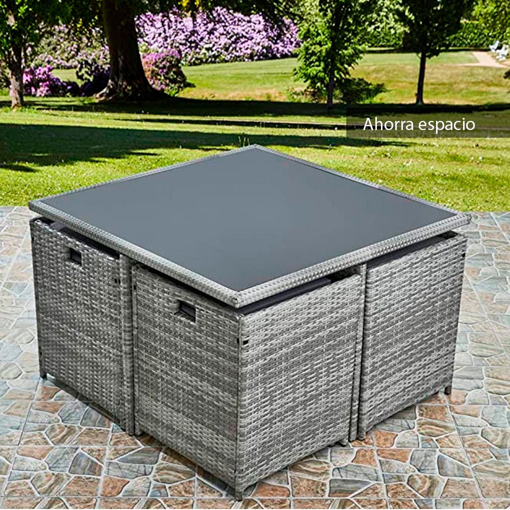 Comedor para Jardin Juego de 8 sillas de ratán acojinadas con Mesa de Vidrio Templado