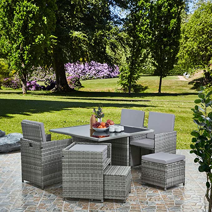 Comedor para Jardin Juego de 8 sillas de ratán acojinadas con Mesa de Vidrio Templado