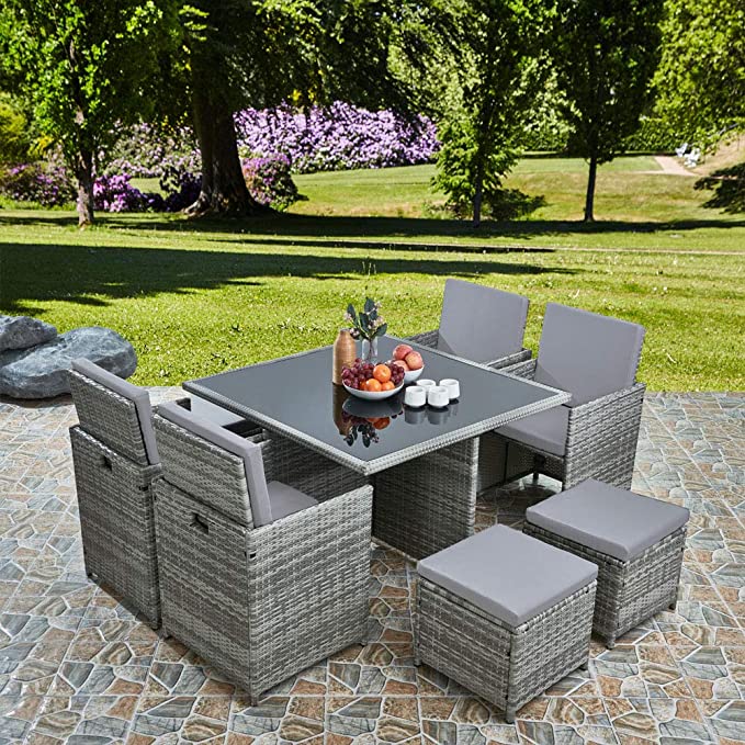 Comedor para Jardin Juego de 8 sillas de ratán acojinadas con Mesa de Vidrio Templado