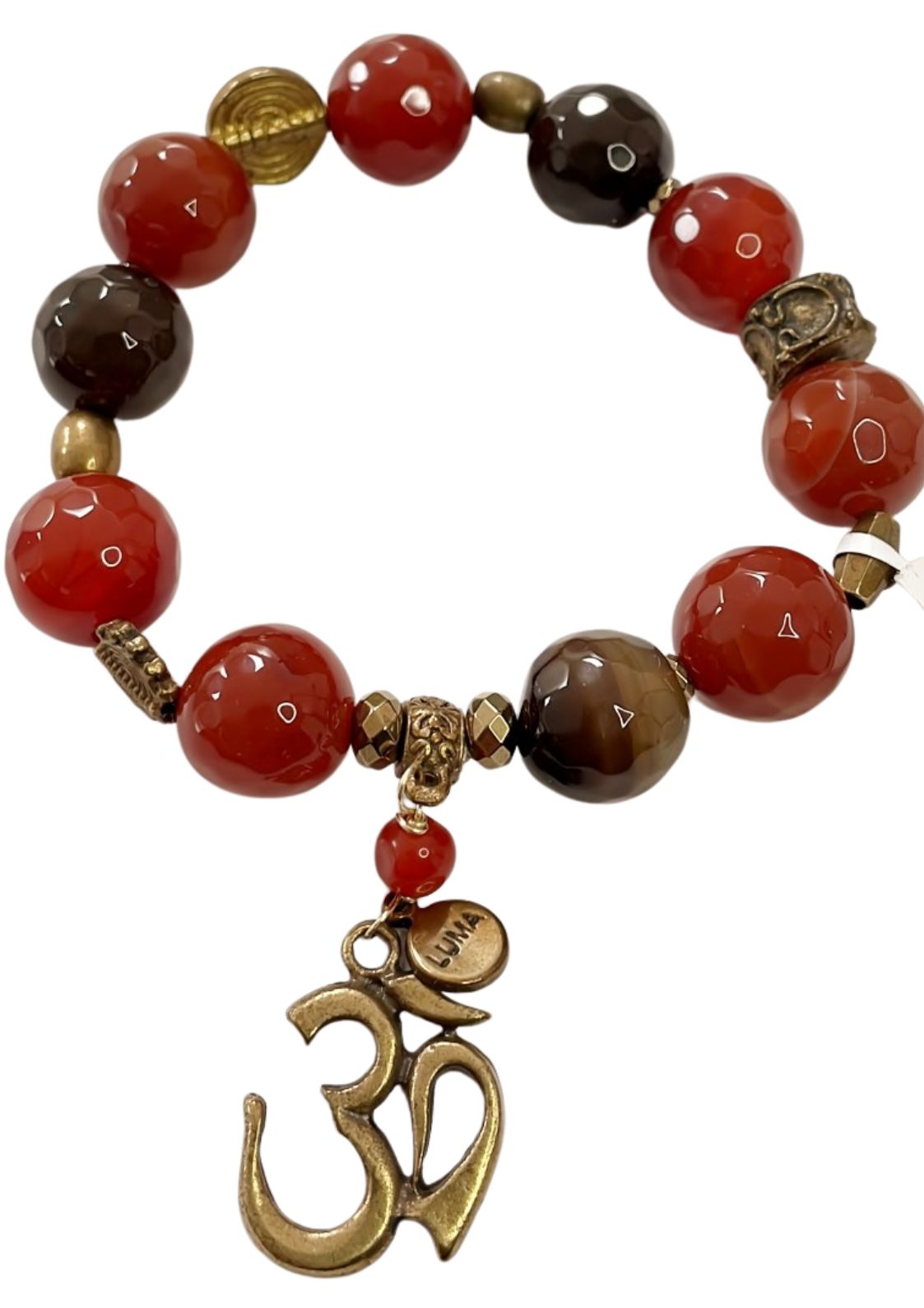Pulsera Café De Ágatas Con Dije Metalico De Om Elastica Luma