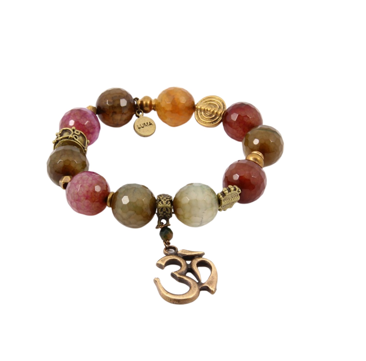 Pulsera Café De Ágatas Con Dije Metalico De Om Elastica Luma
