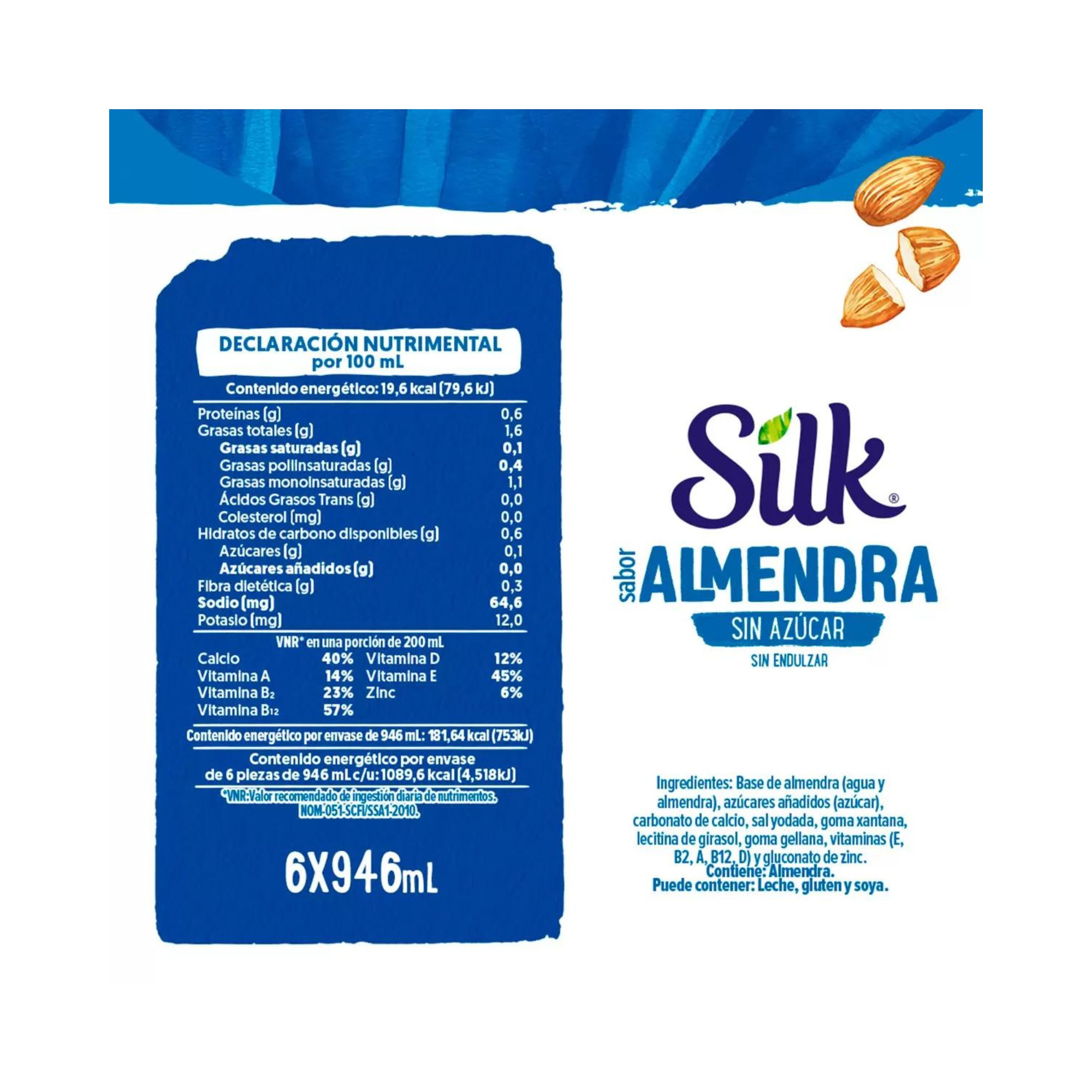 Silk Bebida De Almendra Sin Azúcar 6 De 946ml Leche