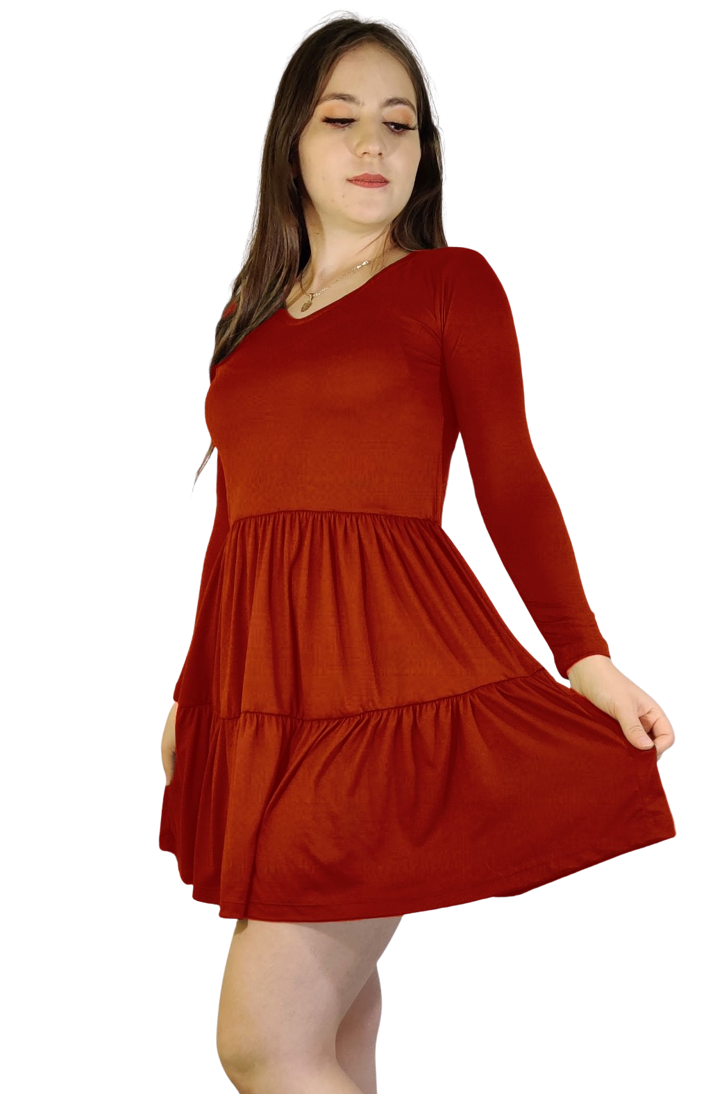 Vestido Florencia manga larga escote V fruncido olanes holgado moderno curvy