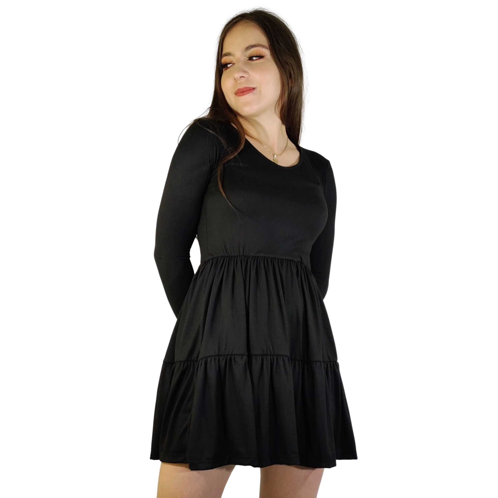 Vestido Florencia manga larga escote V fruncido olanes holgado moderno curvy