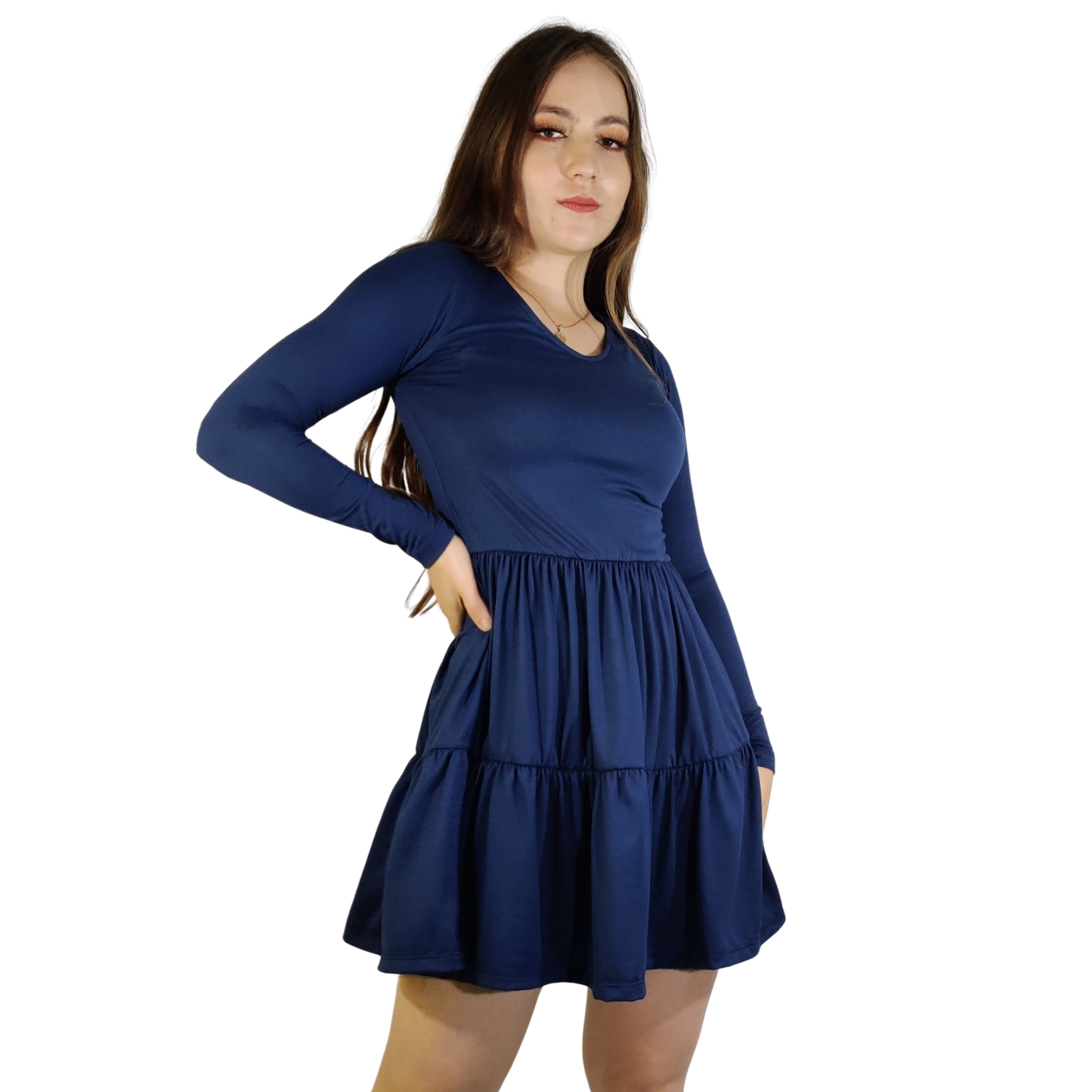 Vestido Florencia manga larga escote V fruncido olanes holgado moderno curvy