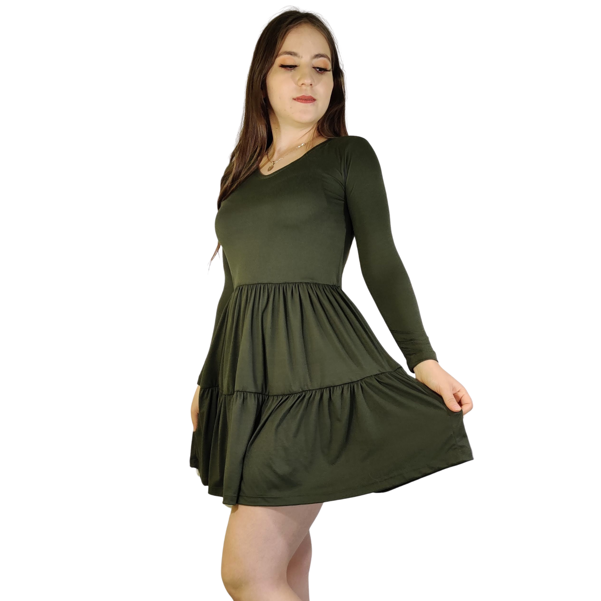 Vestido Florencia manga larga escote V fruncido olanes holgado moderno curvy