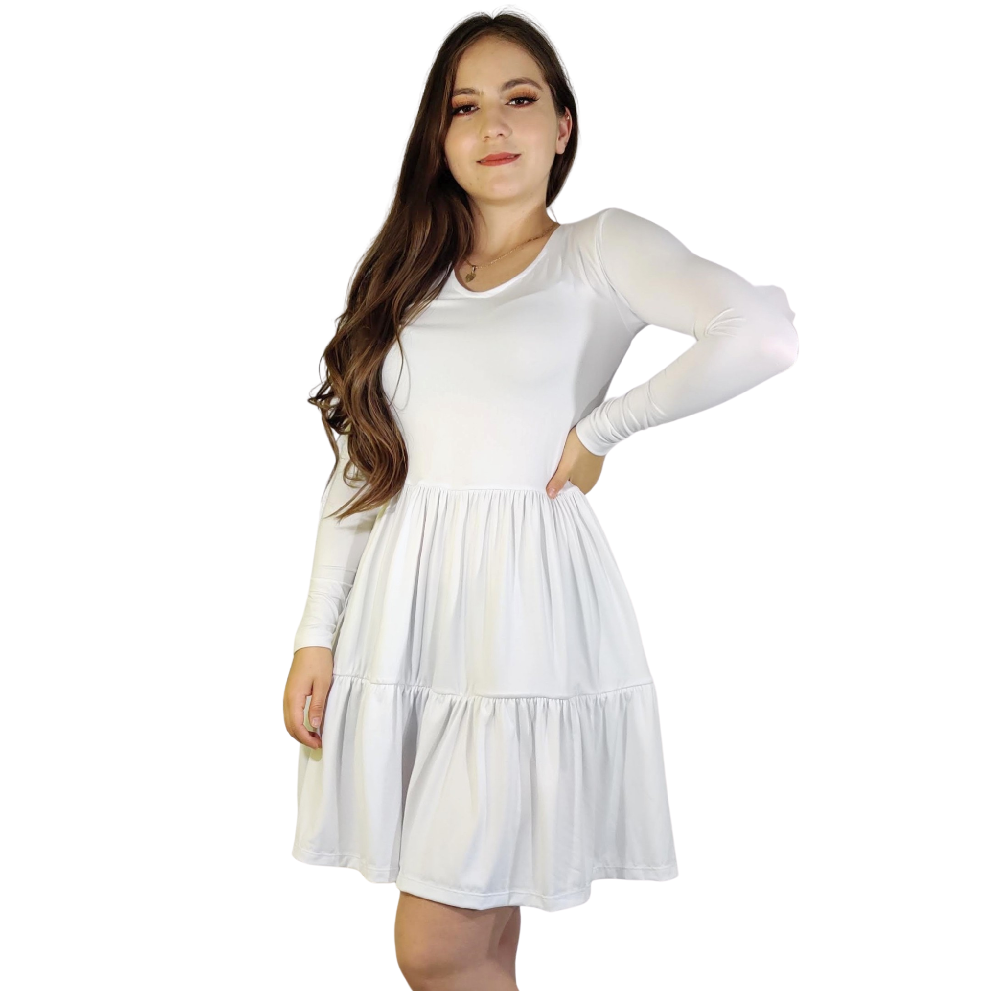 Vestido Florencia manga larga escote V fruncido olanes holgado moderno curvy