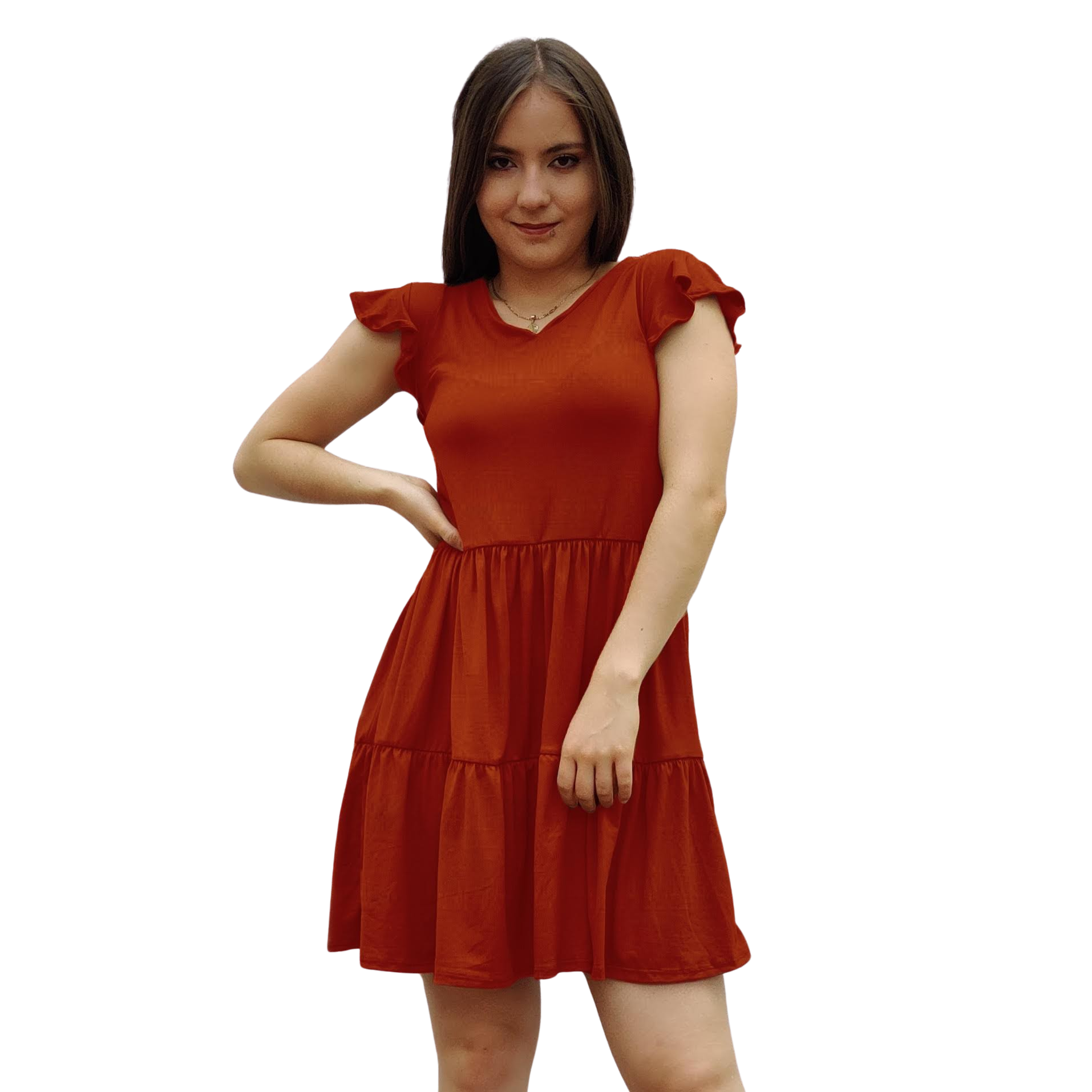 Vestido Florencia manga corta escote V fruncido olanes holgado moderno curvy