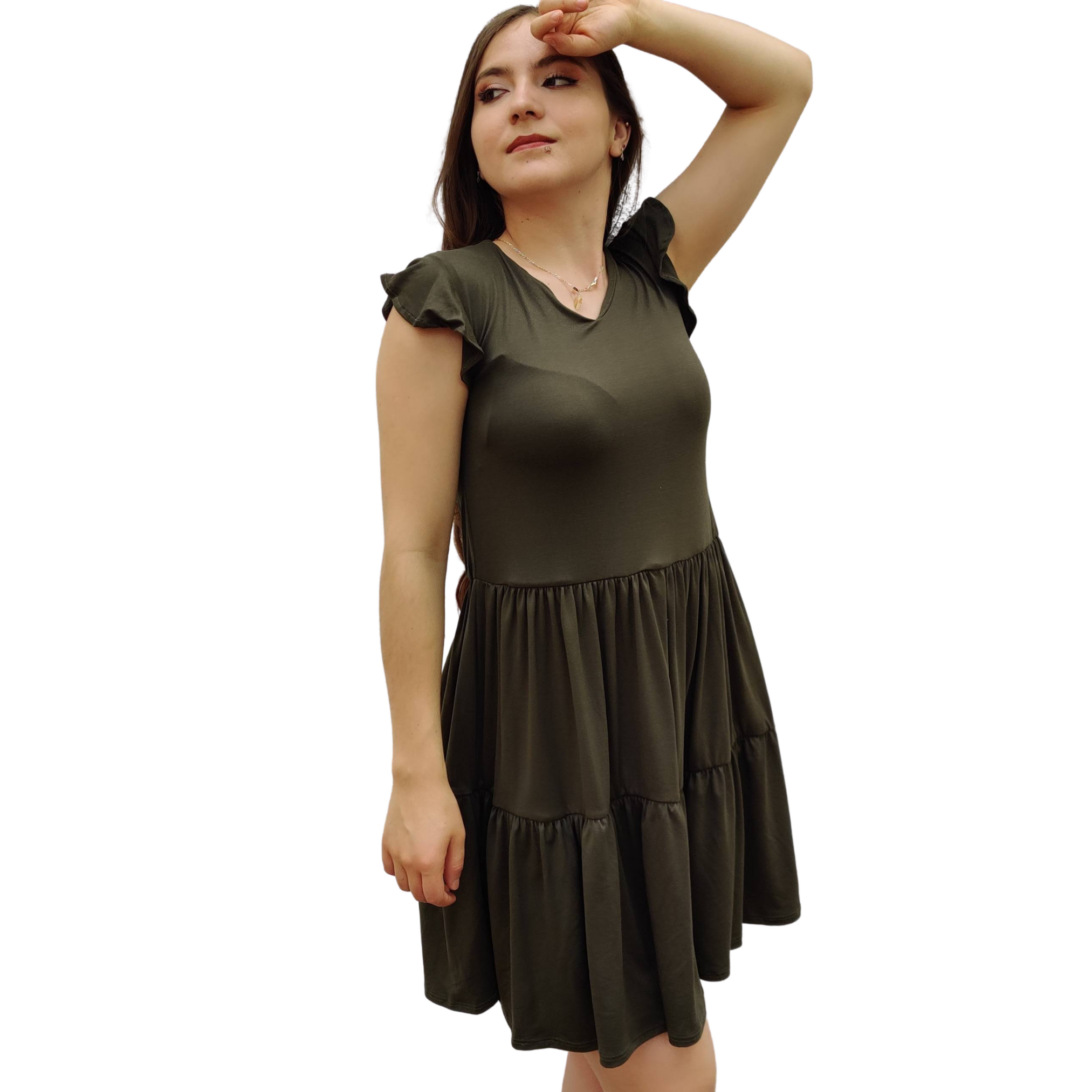 Vestido Florencia manga corta escote V fruncido olanes holgado moderno curvy