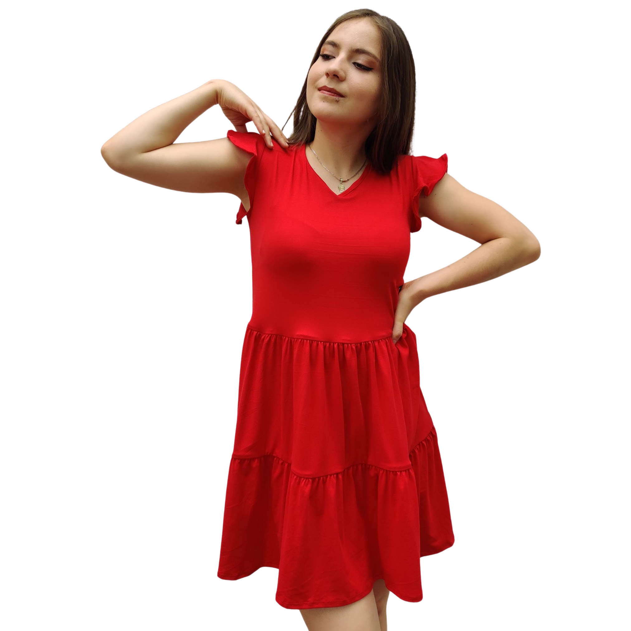 Vestido Florencia manga corta escote V fruncido olanes holgado moderno curvy