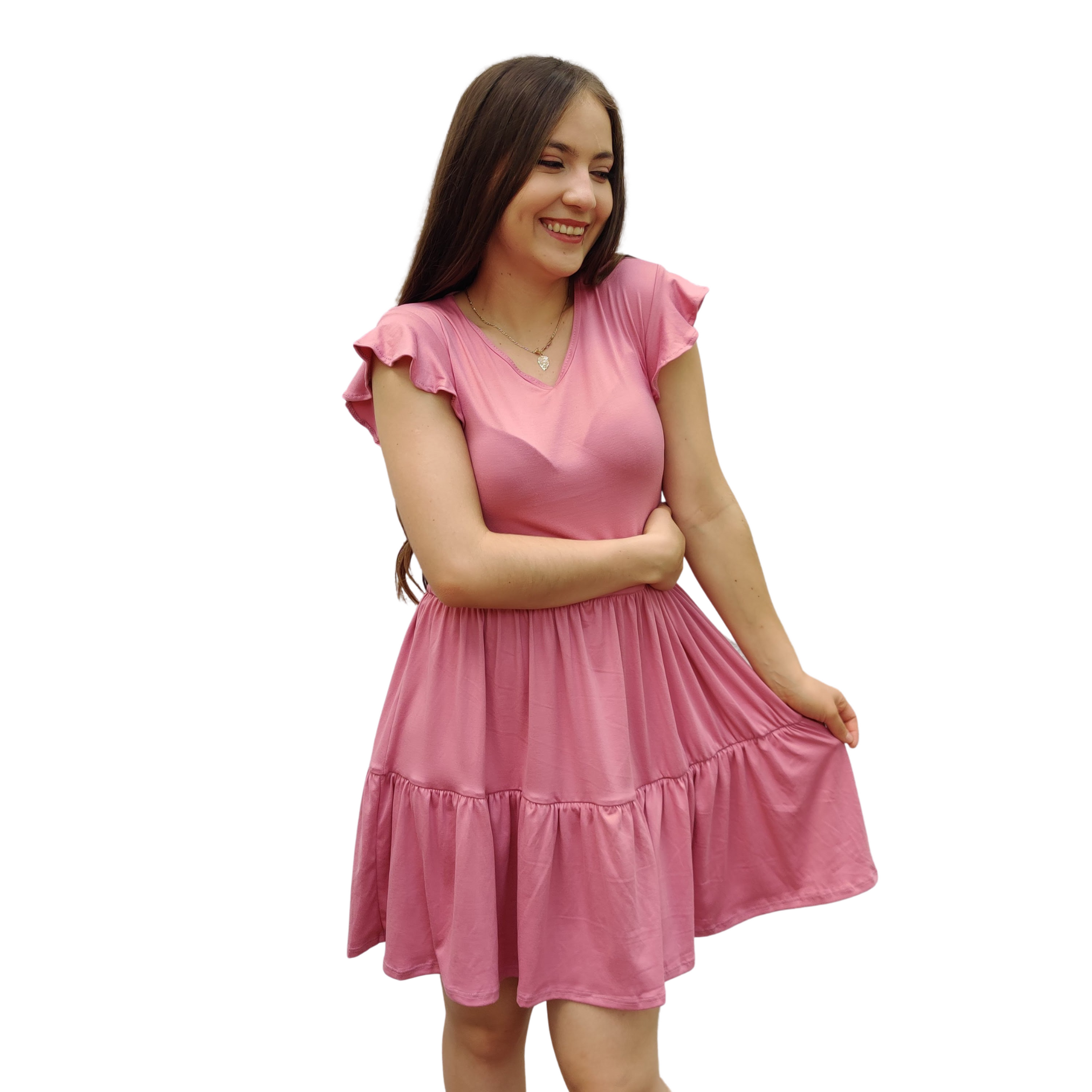 Vestido Florencia manga corta escote V fruncido olanes holgado moderno curvy