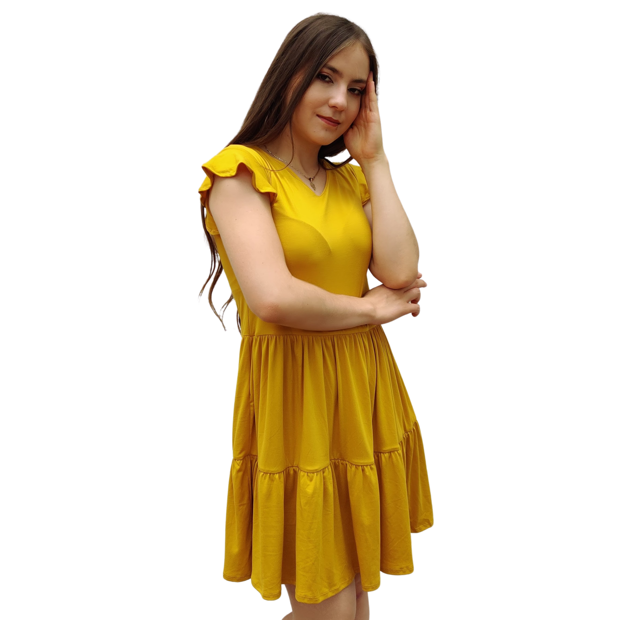 Vestido Florencia manga corta escote V fruncido olanes holgado moderno curvy