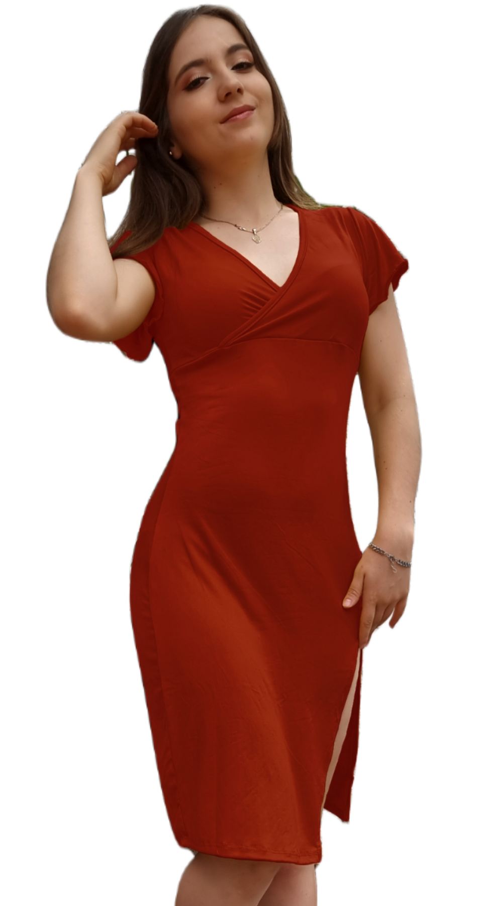 Vestido Ana manga fruncida sexy escote V ajustado moderno con abertura