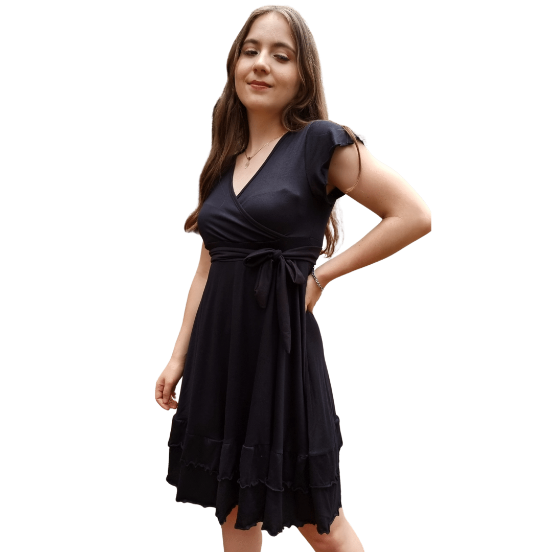 Vestido Emily manga fruncida olan escote V con cinturon moderno curvy