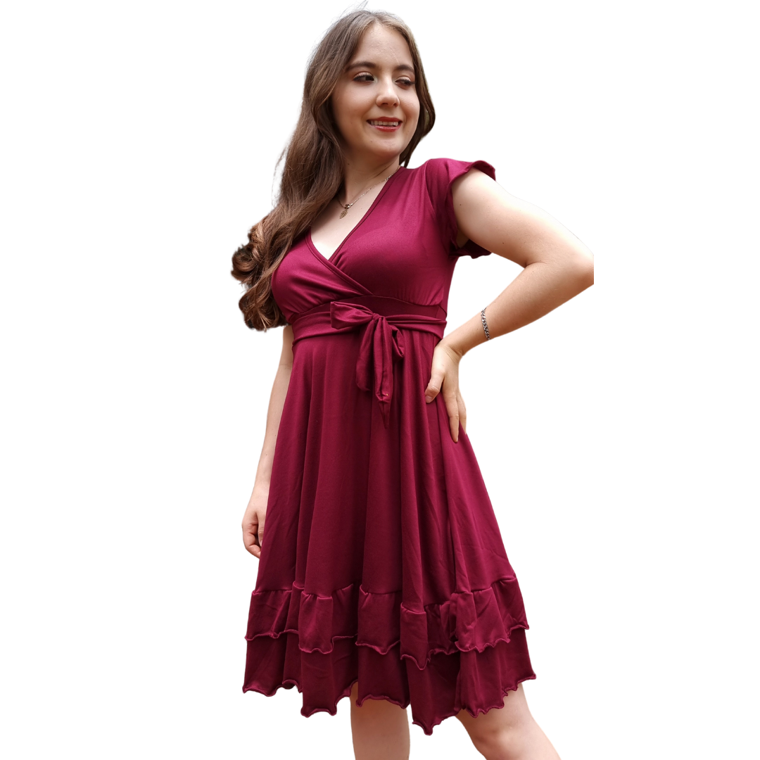 Vestido Emily manga fruncida olan escote V con cinturon moderno curvy