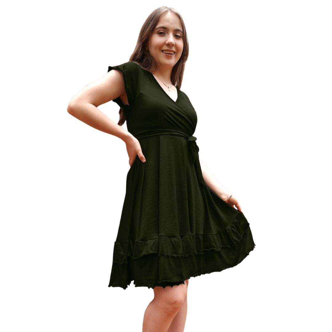 Vestido Emily manga fruncida olan escote V con cinturon moderno curvy