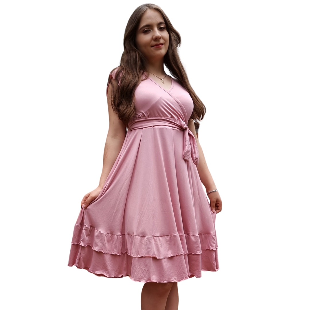 Vestido Emily manga fruncida olan escote V con cinturon moderno curvy