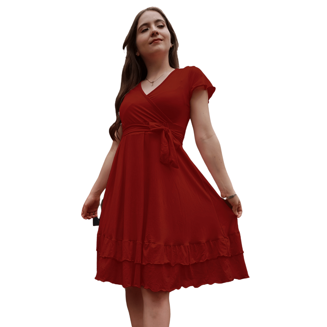 Vestido Emily manga fruncida olan escote V con cinturon moderno curvy