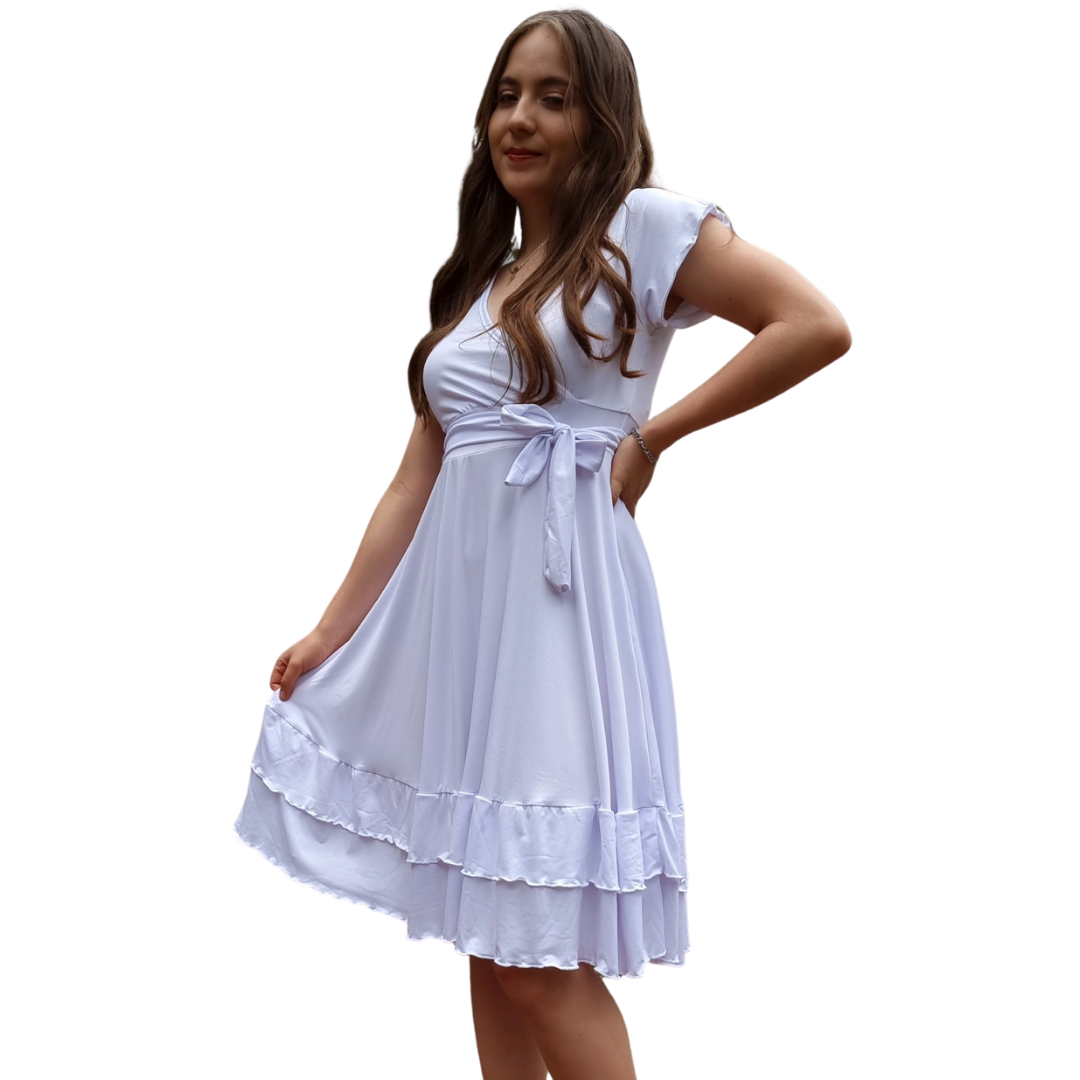 Vestido Emily manga fruncida olan escote V con cinturon moderno curvy