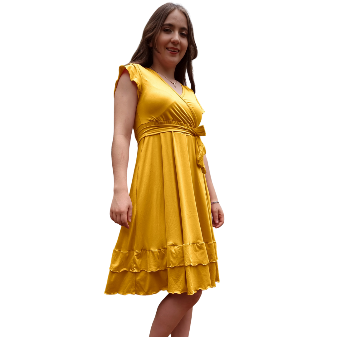 Vestido Emily manga fruncida olan escote V con cinturon moderno curvy