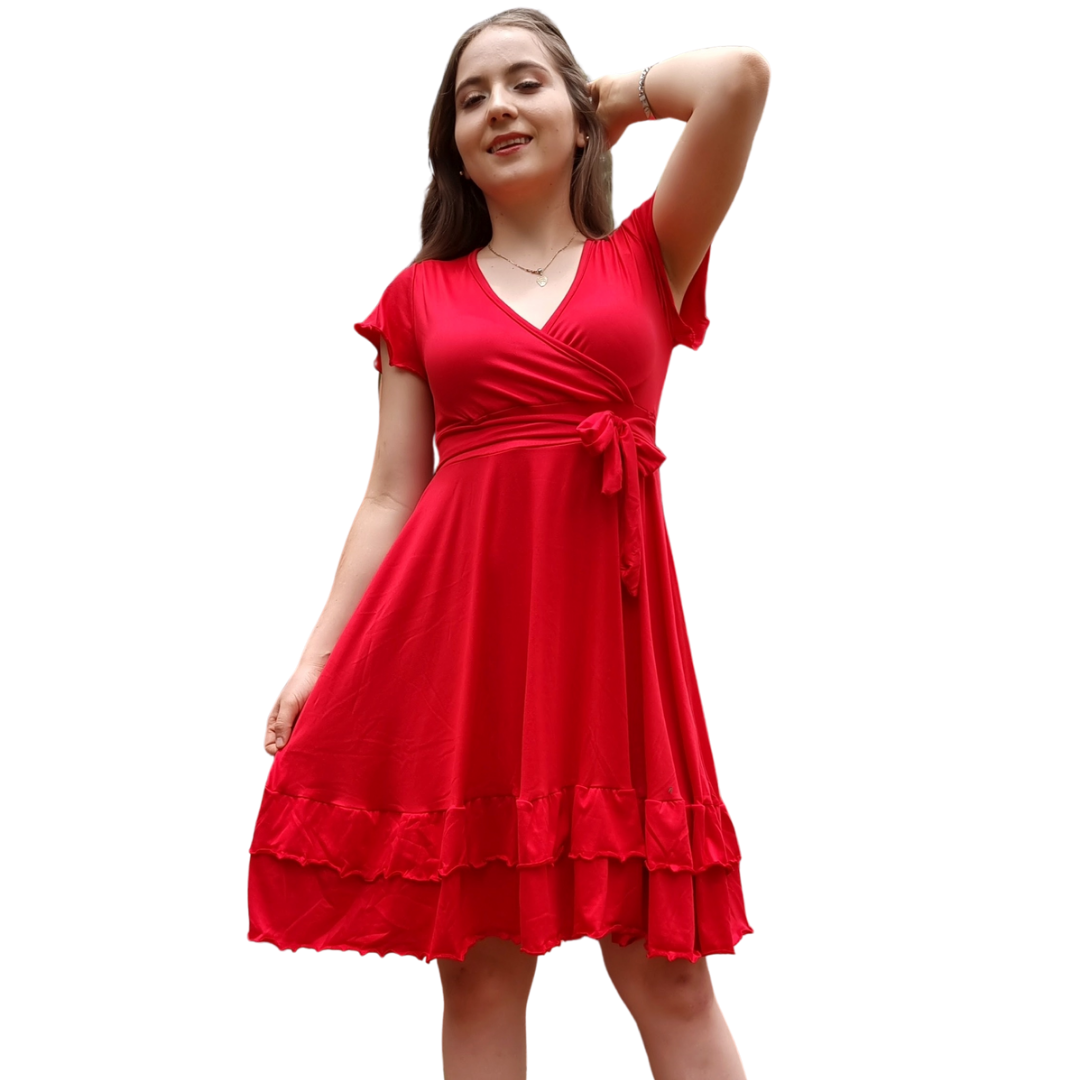 Vestido Emily manga fruncida olan escote V con cinturon moderno curvy