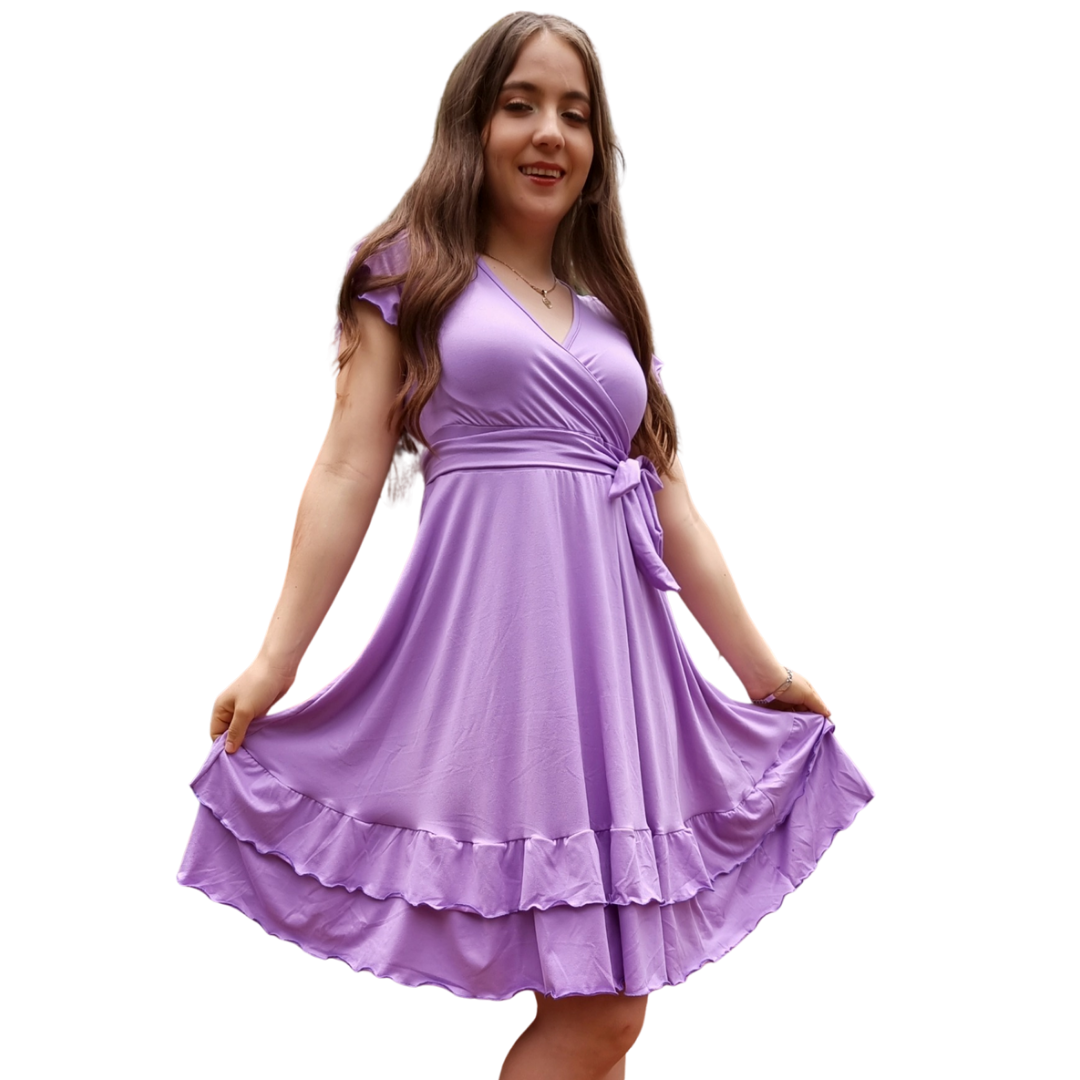 Vestido Emily manga fruncida olan escote V con cinturon moderno curvy