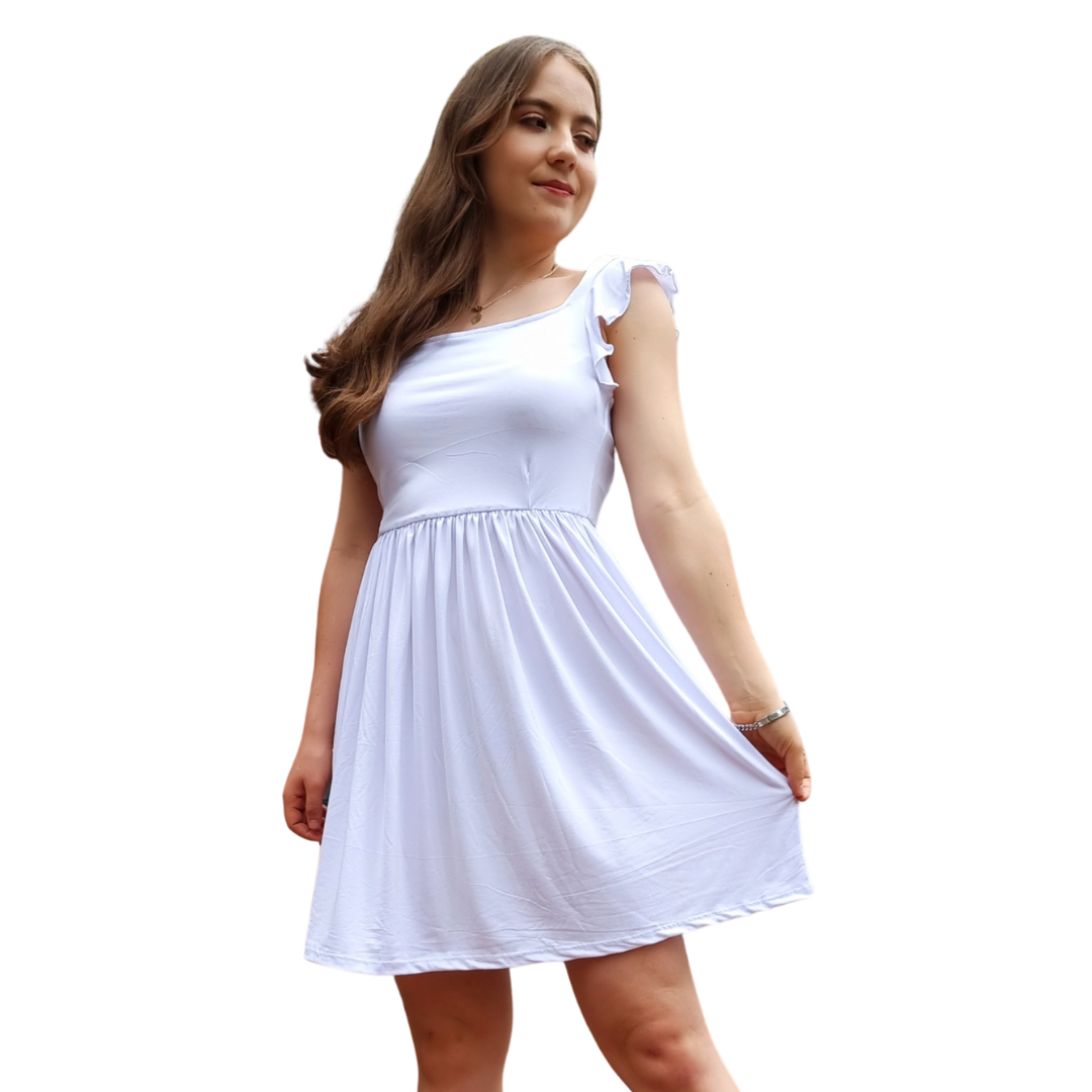 Vestido Cristina manga fruncida olan corto escote cuadrado moderno