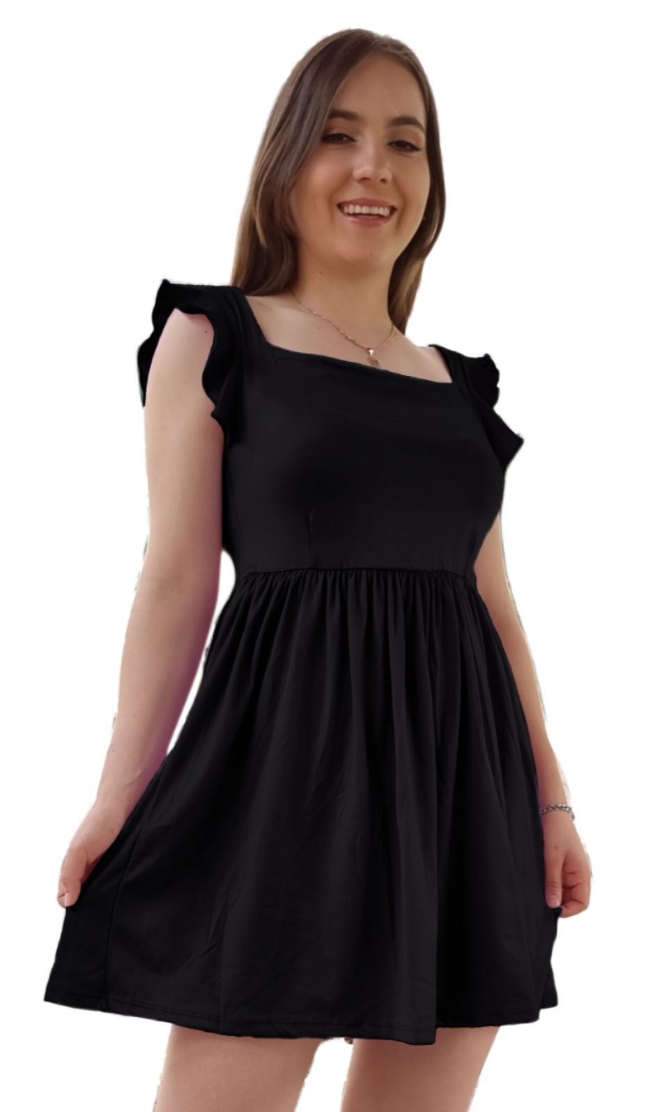 Vestido Cristina manga fruncida olan corto escote cuadrado moderno curvy