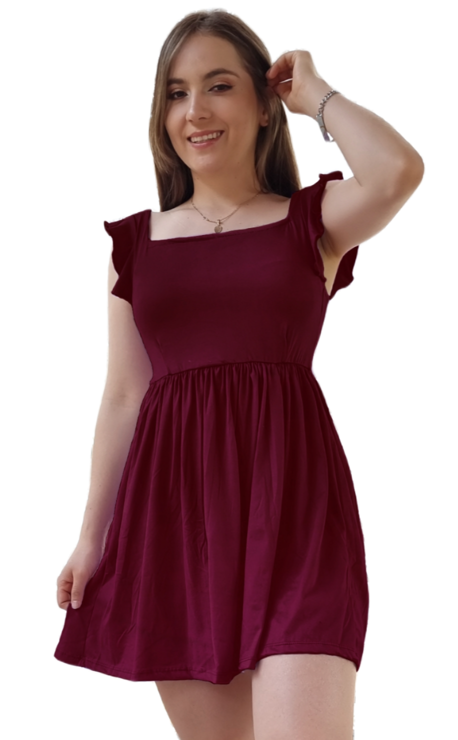 Vestido Cristina manga fruncida olan corto escote cuadrado moderno curvy