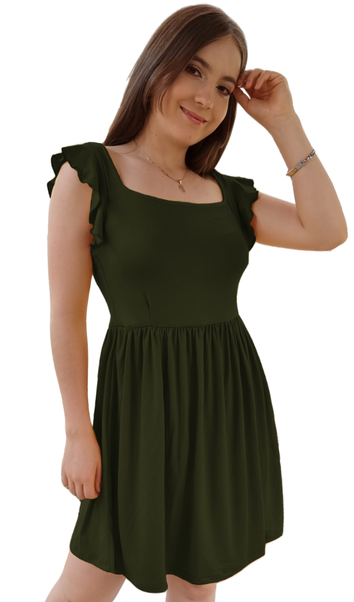 Vestido Cristina manga fruncida olan corto escote cuadrado moderno curvy