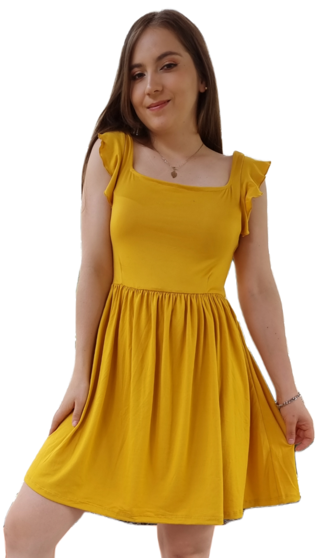 Vestido Cristina manga fruncida olan corto escote cuadrado moderno curvy