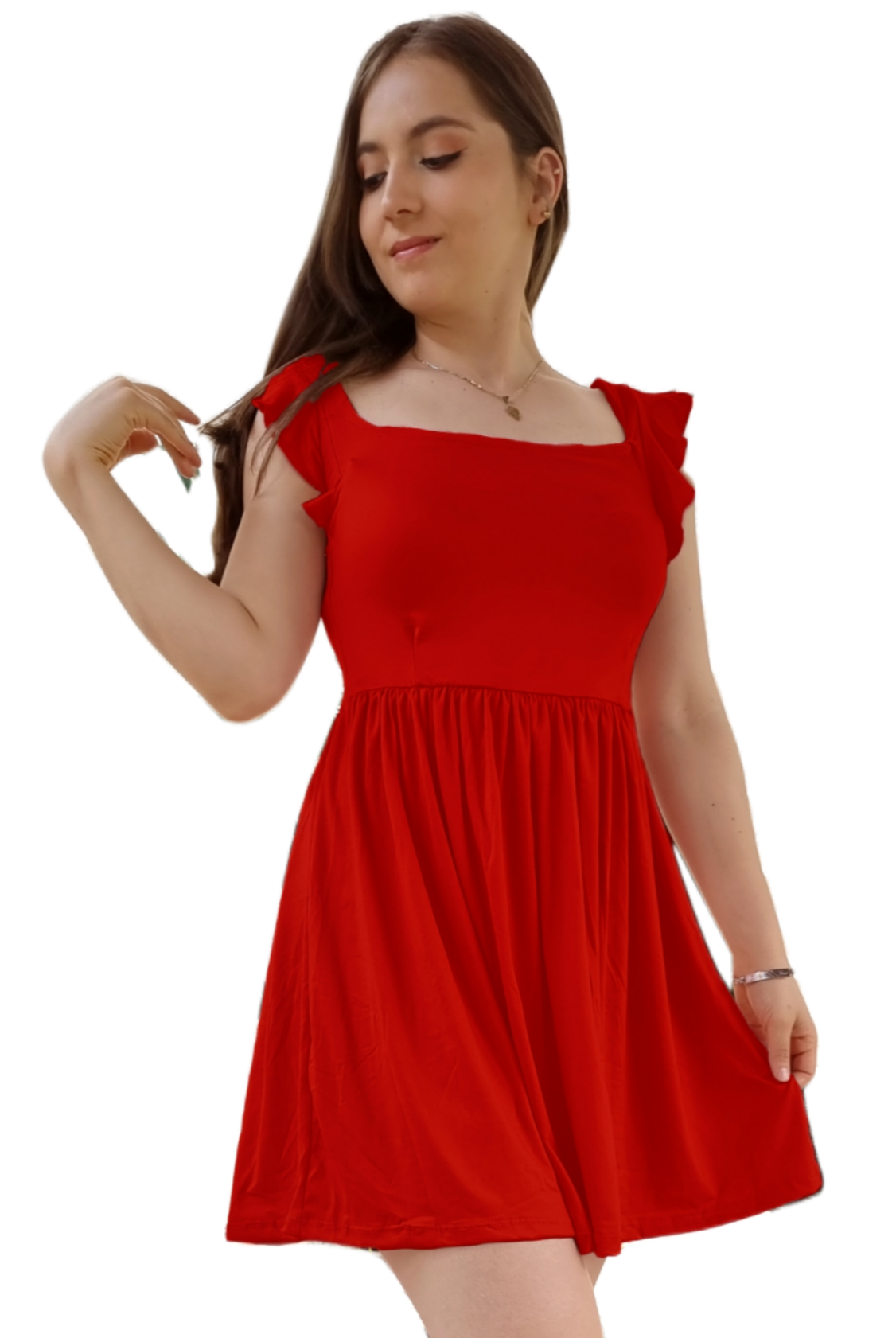 Vestido Cristina manga fruncida olan corto escote cuadrado moderno curvy