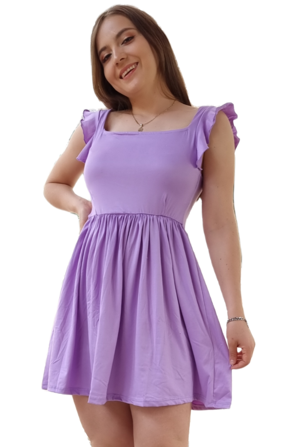 Vestido Cristina manga fruncida olan corto escote cuadrado moderno curvy