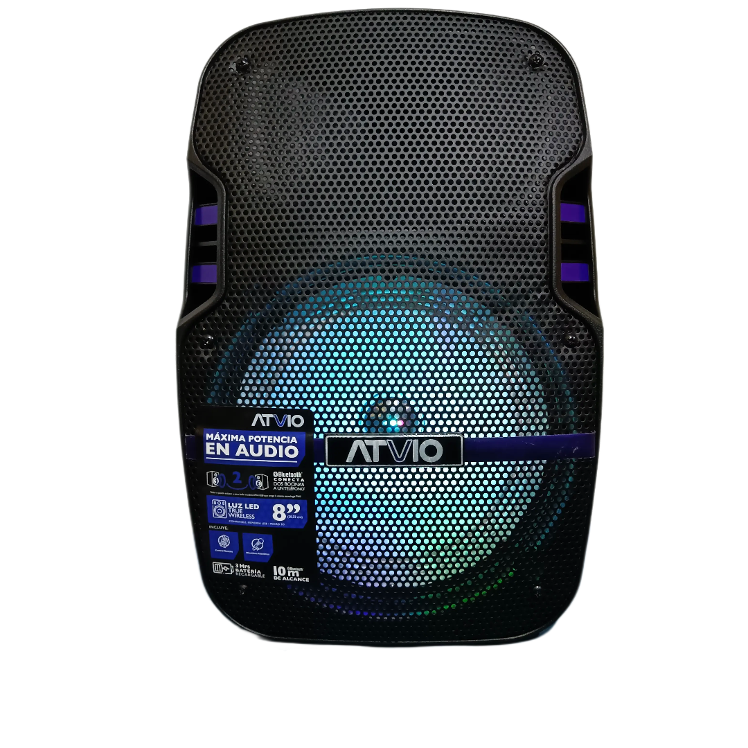 BAFLE BOCINA ATVIO CON LUZ LED 8PGD INCLUYE MICROFONO CONTROL REMOTO