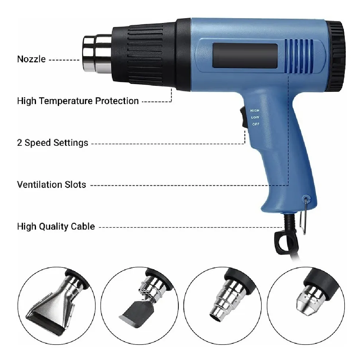 Pistola De Calor De Temperatura Regulable 4 Boquillas 2000w